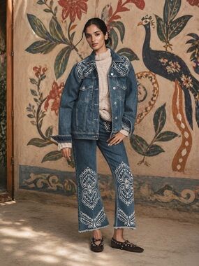 💝SUPER RARE💝Farm Rio Cornely Embroidered Trucker Jacket/Cropped Flare Jeans SetS
